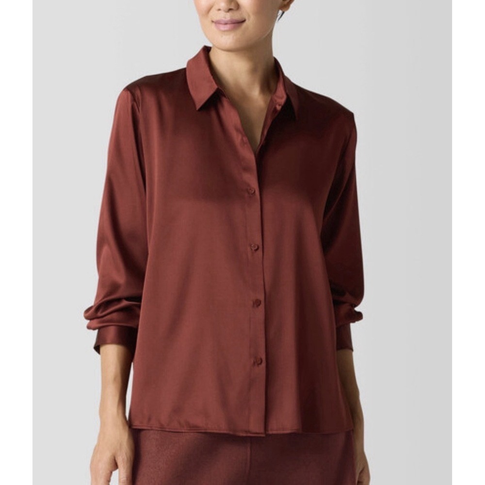 EVEREVE Rust Satin Button Down Blouse M Puff Sleeve Shiny Copper Glossy Chic